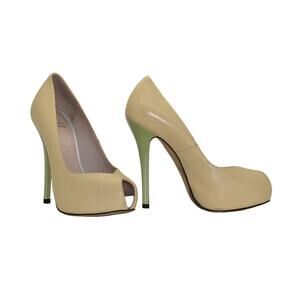 B2 Auth STUART WEITZMAN Beige Leather Green Heel Platform Peep Toe Pumps Sz 6 M